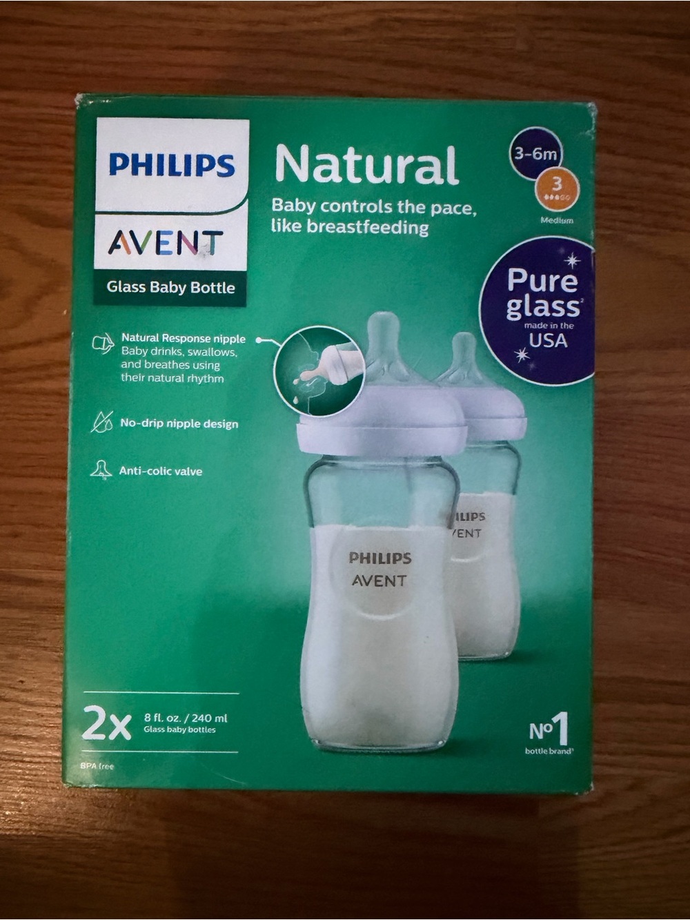 Philips Avent Glass Baby Bottles-2pk 8oz 3-6m SZ 3 Med flow- New